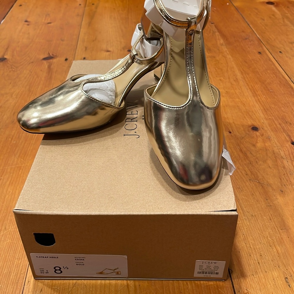 Shoe J Crew Ankle T- Strap Heel Gold NIB NEW size 8 1/2 - Picture 11 of 17